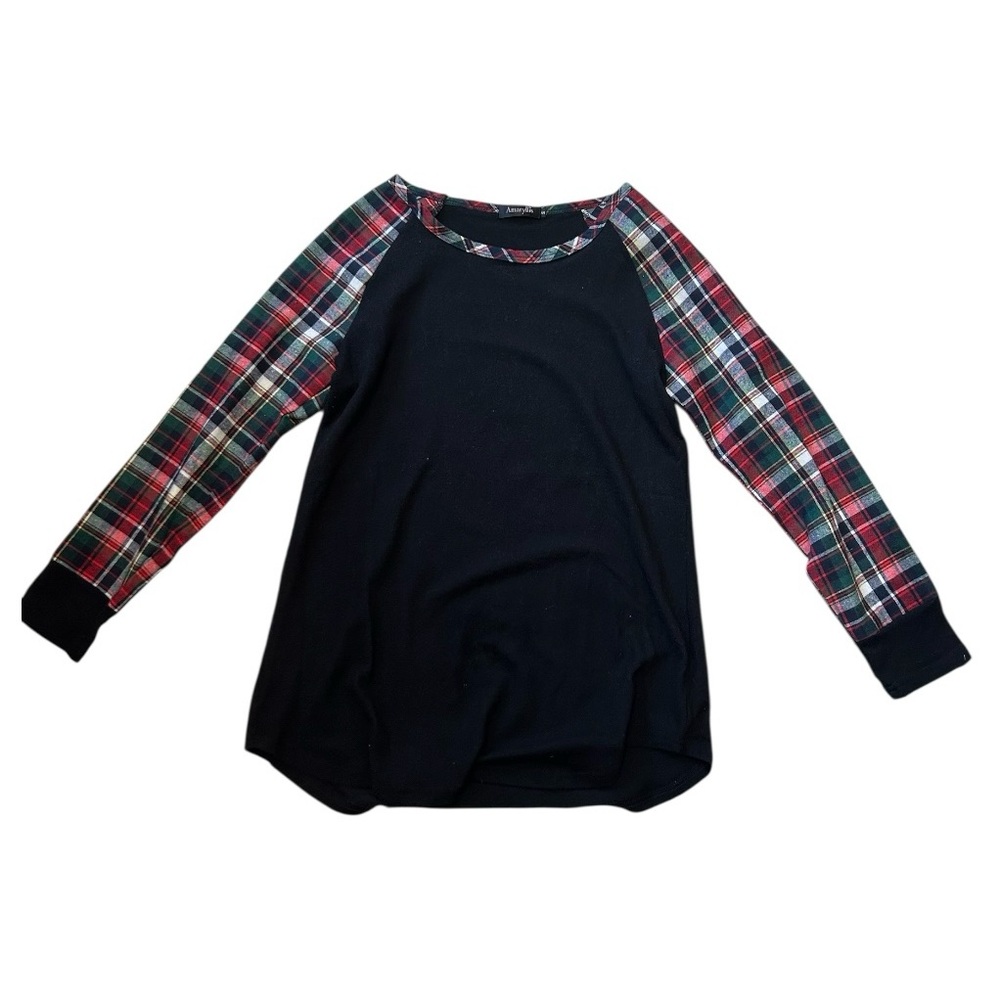 Amaryllis Black Long Sleeve Tee with Plaid Sleeves Size S